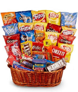 Snack gift basket with assorted chips and name-brand candy bars available for same-day delivery