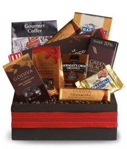 Chocolate gift basket filled with an assortment of chocolates and coffee for same-day delivery