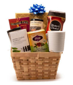 Coffee and tea gift basket with gourmet coffee, assorted teas and sweet treats for same-day delivery