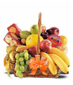 Fruit and cheese gift basket with crisp apples, juicy oranges and artisan cheeses for same-day delivery