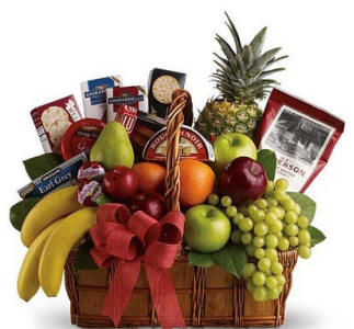 Fruit and gourmet foods gift basket with sausage, cheese, crackers, nuts and seasonal fruit for same-day delivery