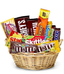 Large candy gift basket filled with popular candy bars for same-day delivery