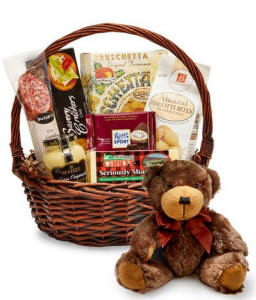 Sausage and cheese gift basket with crackers and a cuddly teddy bear delivered the same day
