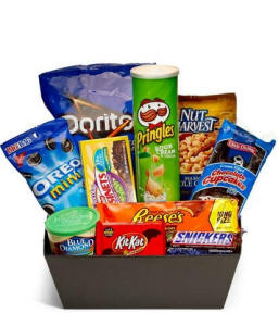 Ultimate junk food gift basket with assorted chips and candy bars for same-day delivery